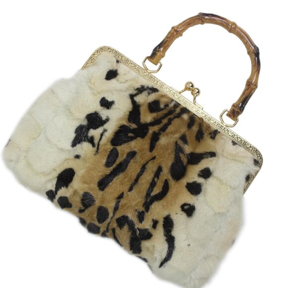 Women's Mink Fur Clutch Animal Print Mini Handbag with Kisslock Closure - Picture 1 of 9